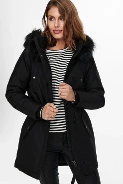 Only Abrigo Con Capucha De Pelo Negro Outlet