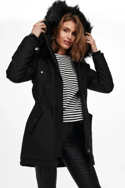 Only Abrigo Con Capucha De Pelo Negro Outlet