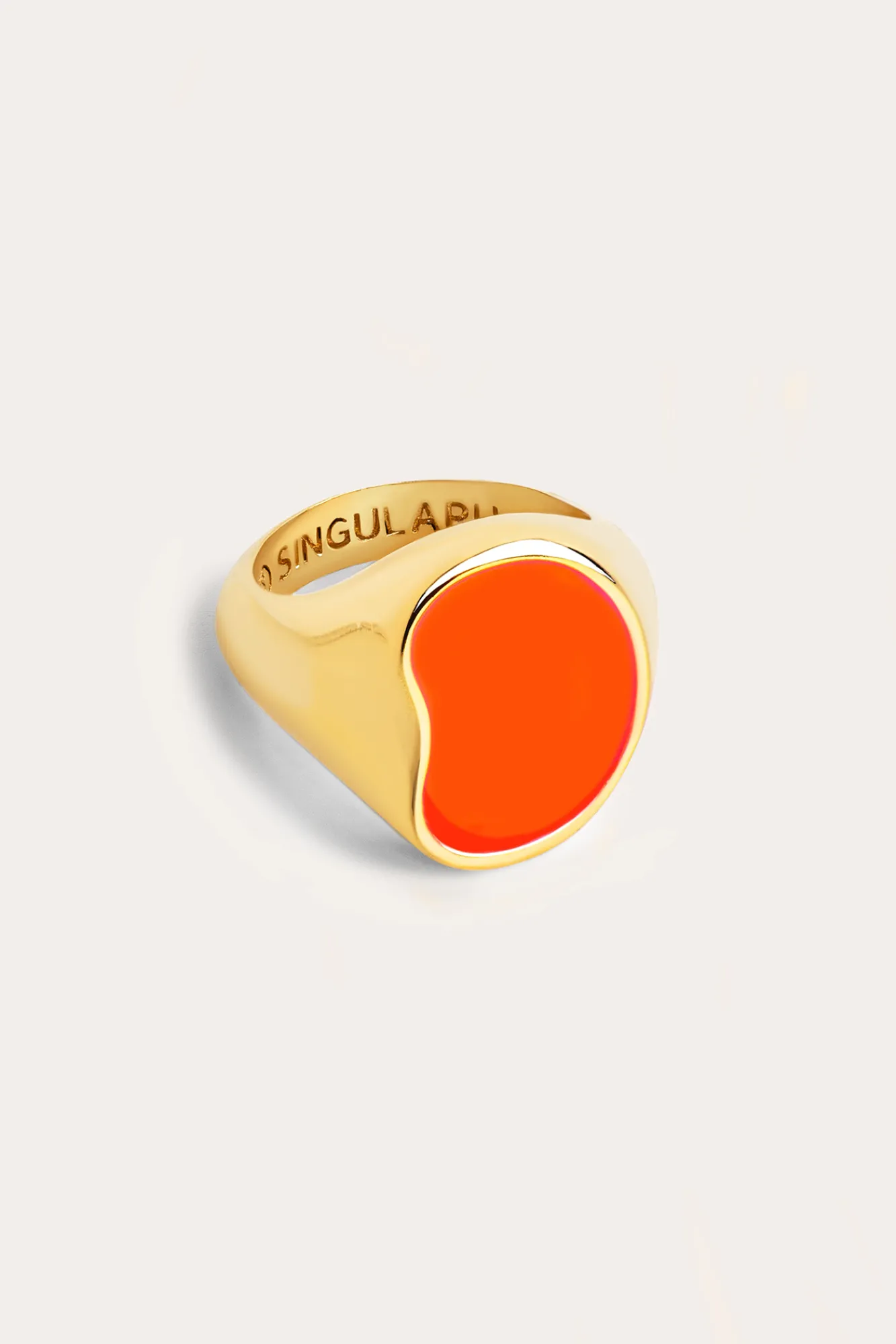 Singularu Anillo Signet Bean Neon Orange Enamel Baño Oro Amarillo Clearance