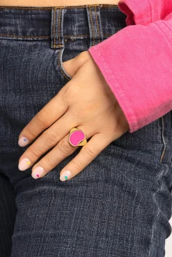 Singularu Anillo Signet Bean Neon Pink Enamel Oro Amarillo