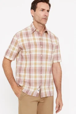 Cortefiel Camisa Cuadros Lino Algodon Manga Corta Rosa Hot