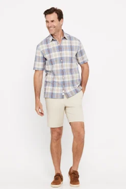 Cortefiel Camisa Cuadros Lino Algodon Manga Corta Azul Clearance