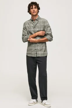 Pepe Jeans Camisa De Algodon De Cuadros Slim Fit Kaki Oscuro Discount