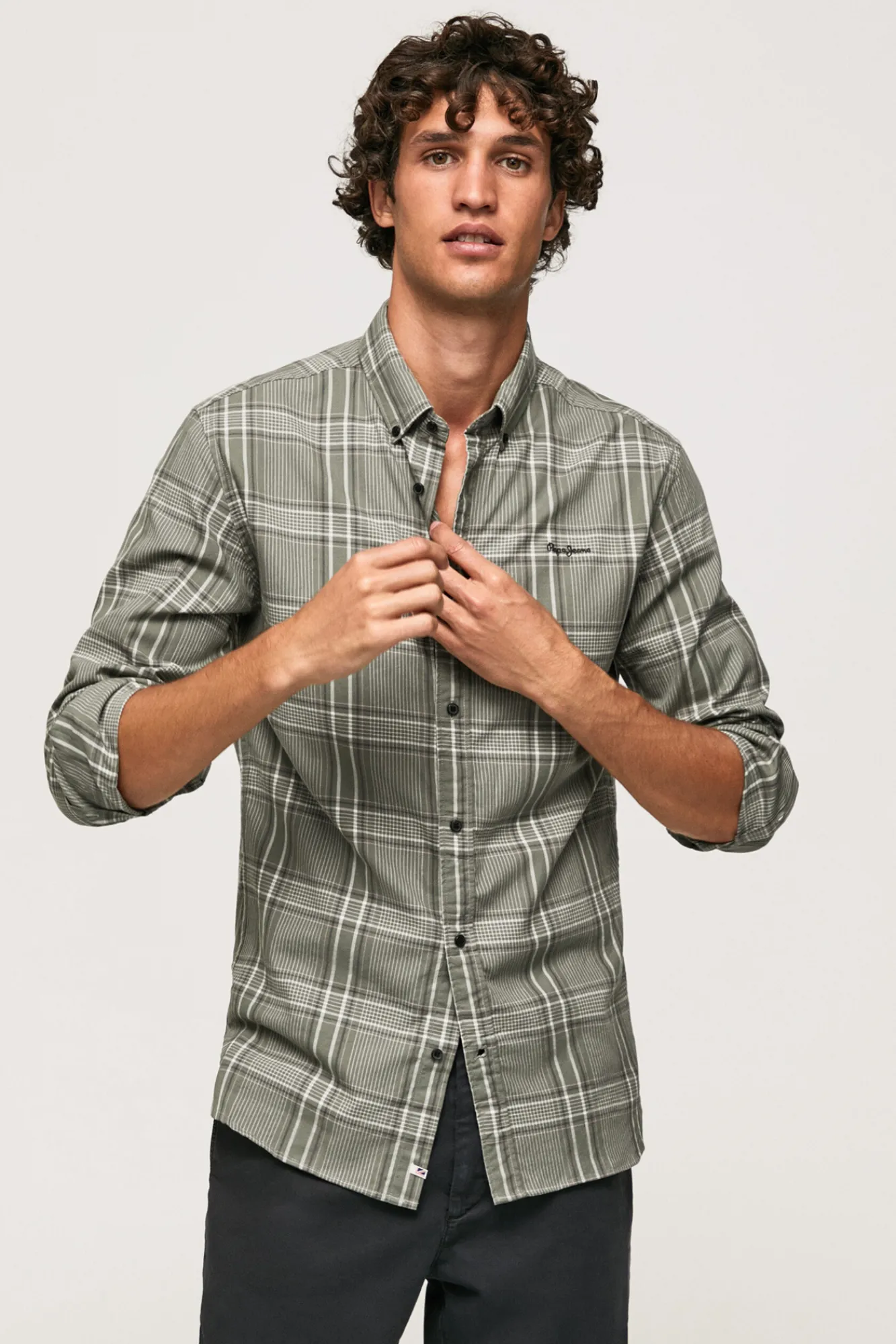 Pepe Jeans Camisa De Algodon De Cuadros Slim Fit Kaki Oscuro Discount
