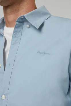 Pepe Jeans Camisa De Algodon Unicolor Slim Fit. Azul Medio Outlet