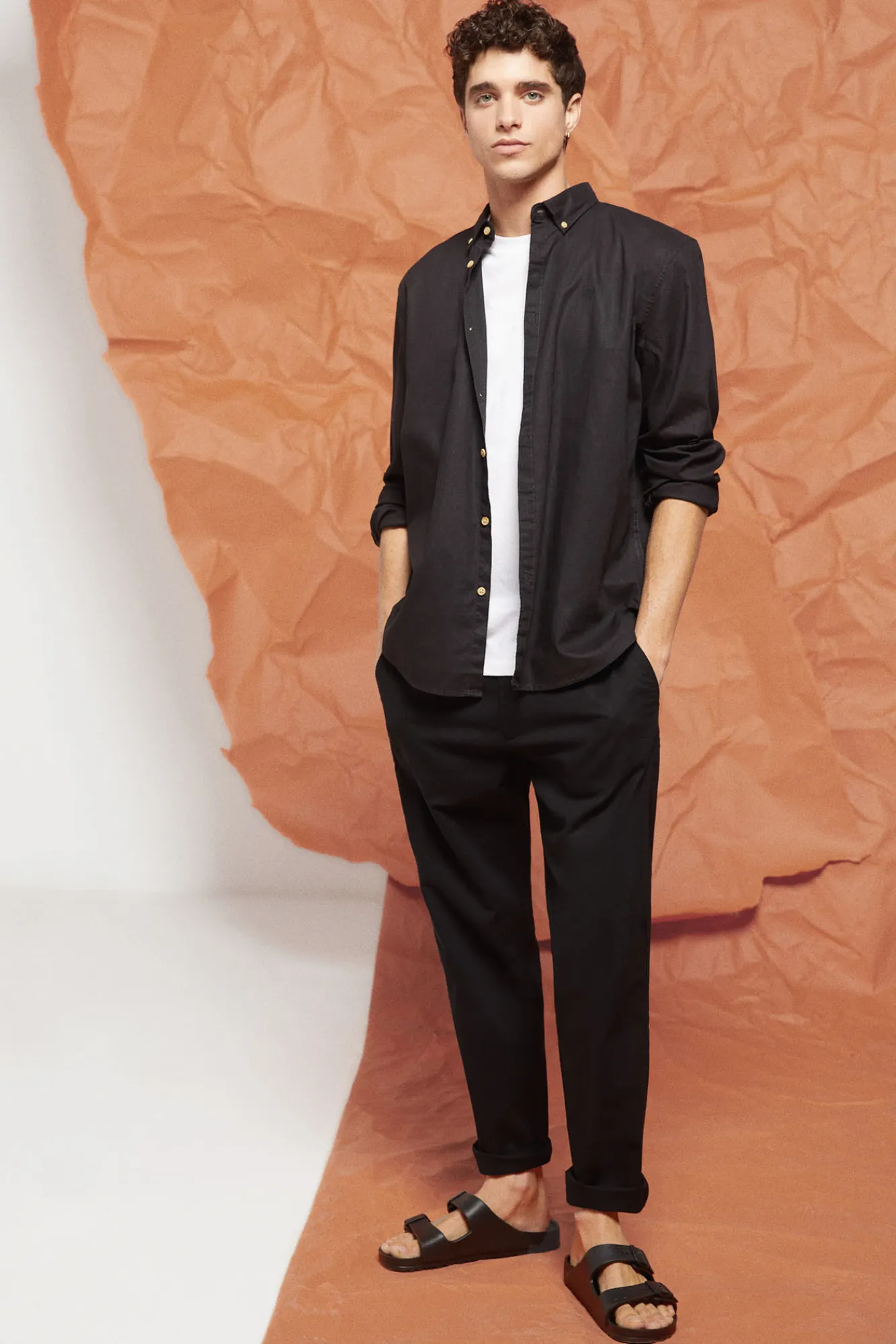 * Camisa Lino Color Negro Sale