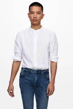 Only & Sons Camisa Lino Cuello Mao Blanco Online