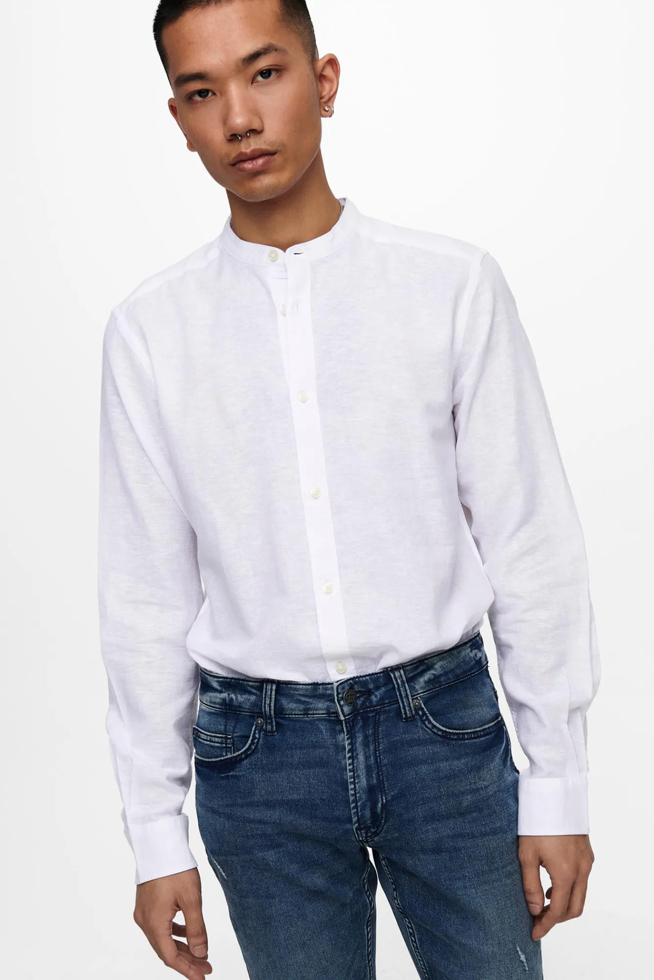 Only & Sons Camisa Lino Cuello Mao Blanco Online