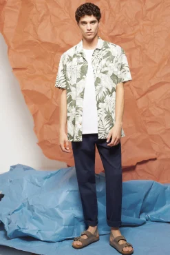 * Camisa Lino Estampada Gris Oscuro Clearance