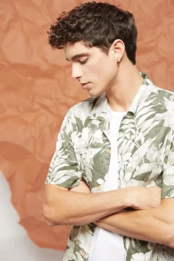 * Camisa Lino Estampada Gris Oscuro Clearance