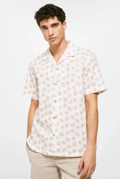 * Camisa Lino Estampada Beige New