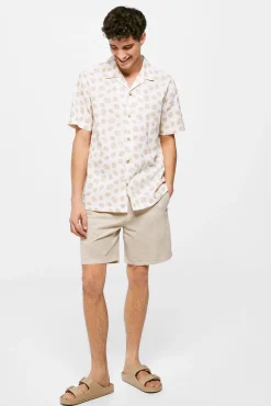 * Camisa Lino Estampada Beige New