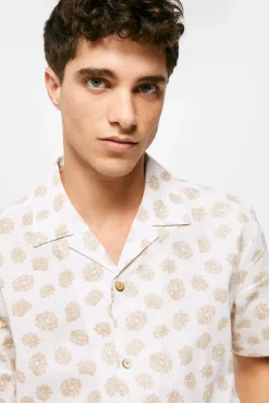 * Camisa Lino Estampada Beige New