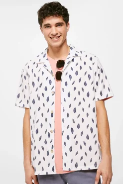 * Camisa Lino Estampada Azul Oscuro Sale