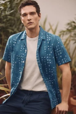 Ooto Camisa Lino Manga Corta Estampado Patch Azul Marino Outlet