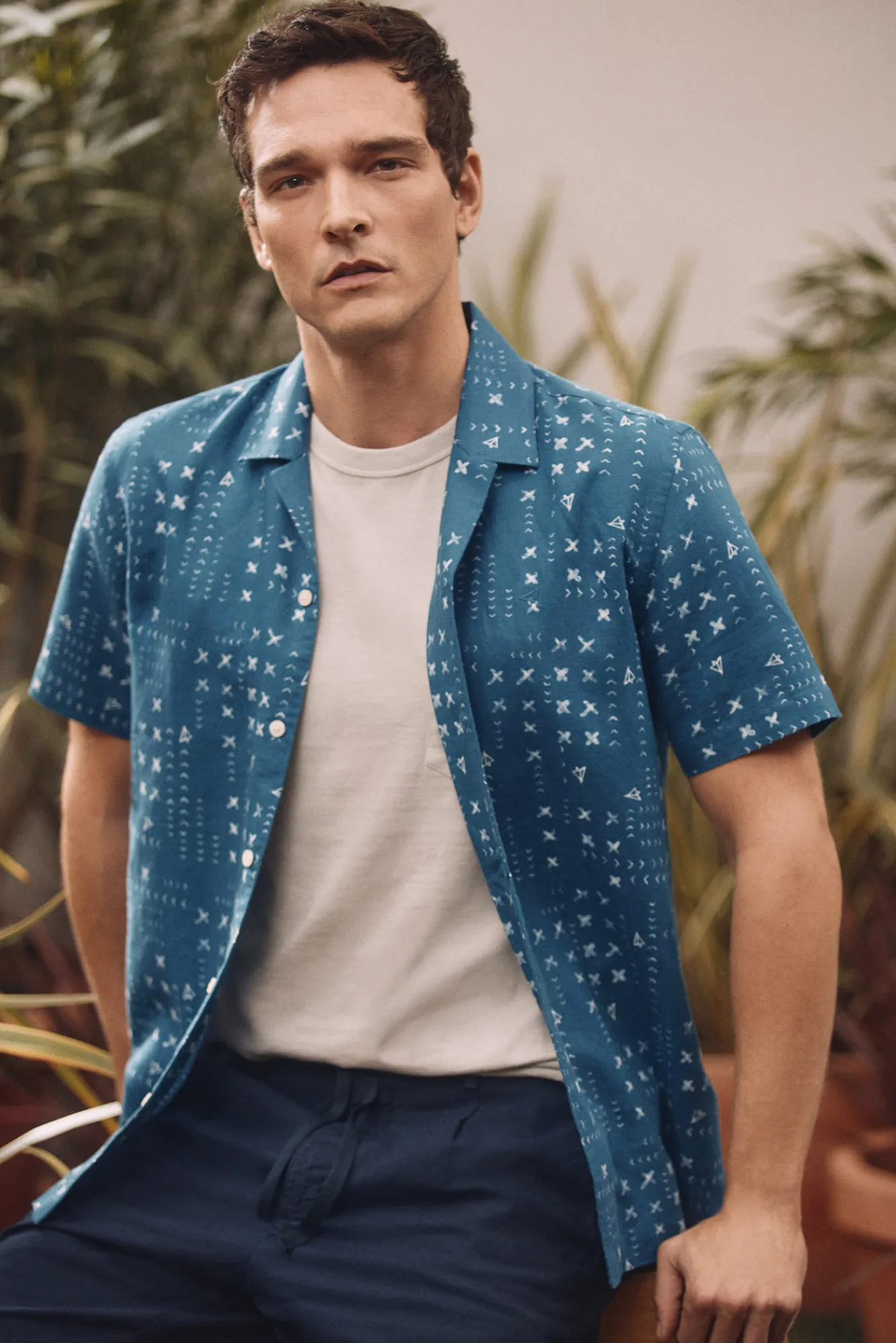 Ooto Camisa Lino Manga Corta Estampado Patch Azul Marino Outlet