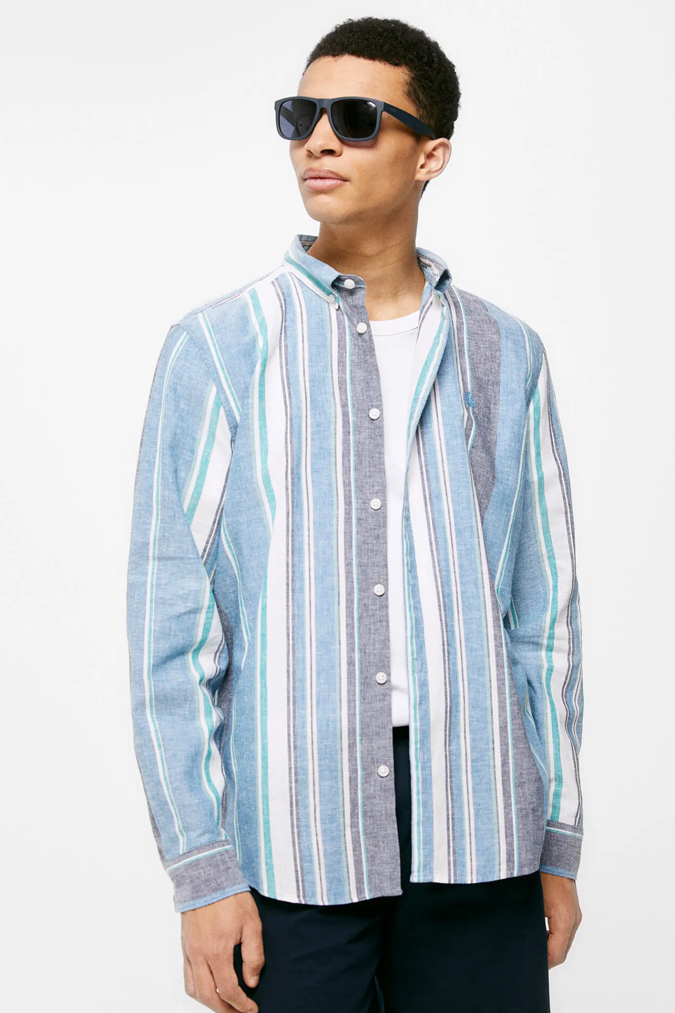 * Camisa Lino Rayas Azul Medio Discount
