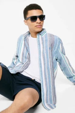 * Camisa Lino Rayas Azul Medio Discount