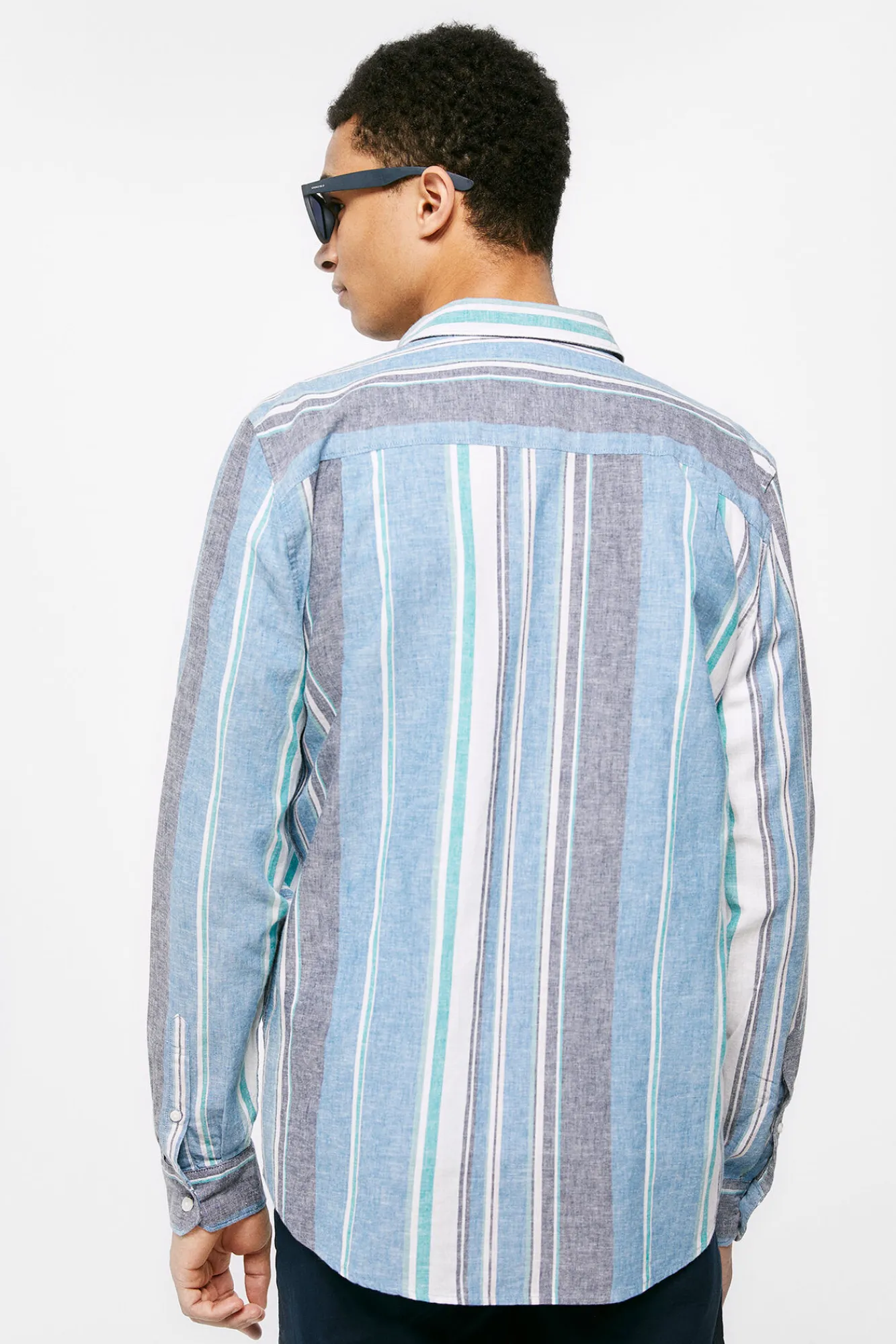 * Camisa Lino Rayas Azul Medio Discount