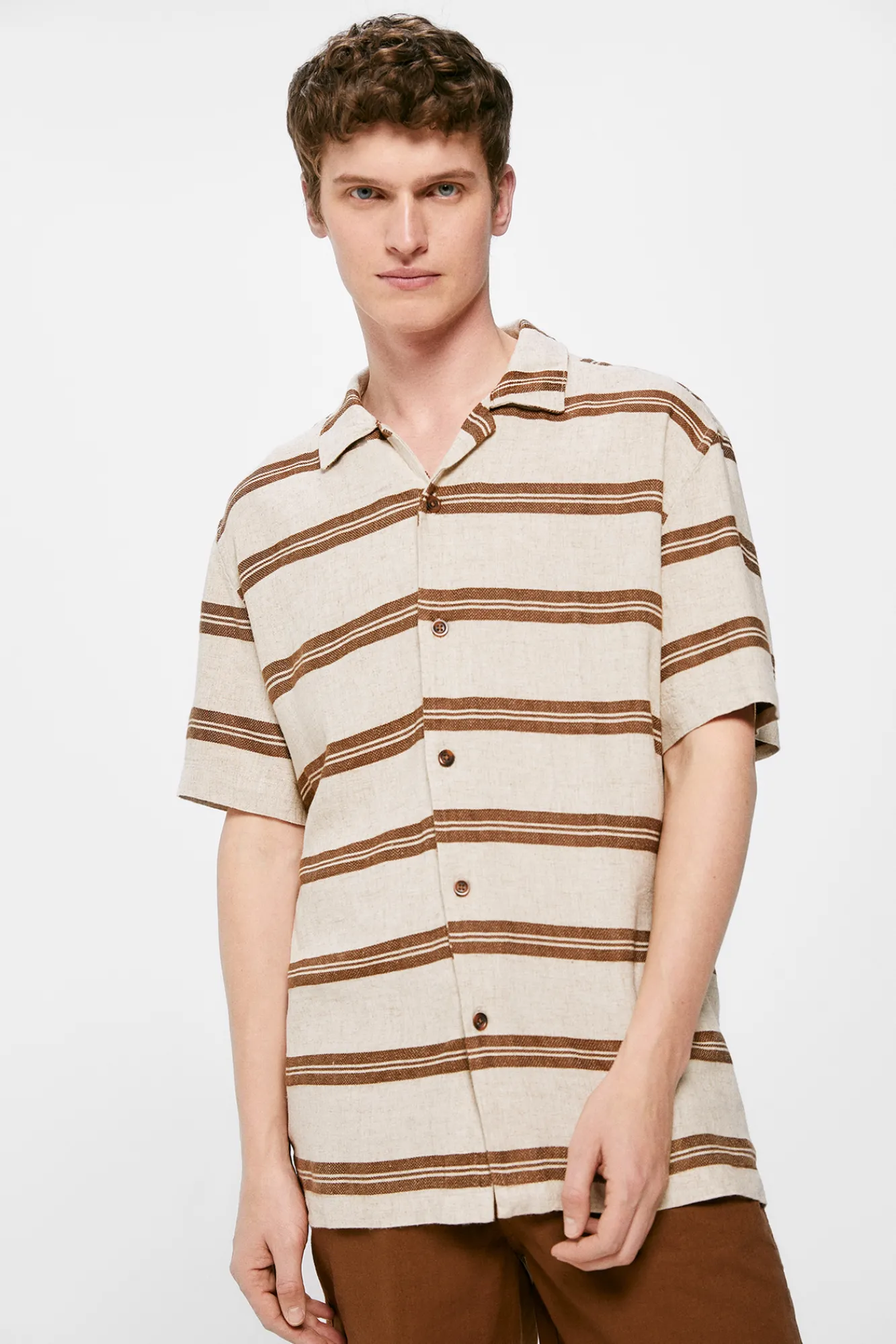 * Camisa Lino Rayas Beige Medio Outlet