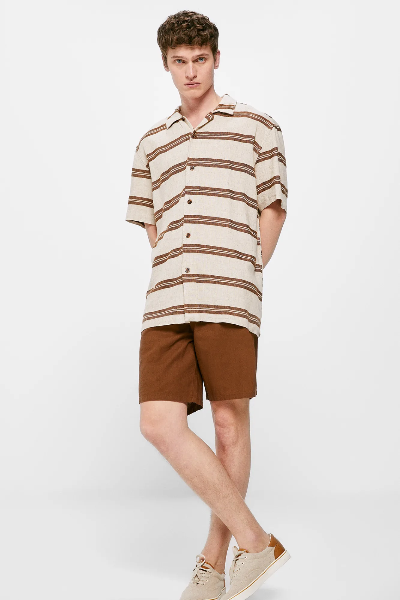 * Camisa Lino Rayas Beige Medio Outlet