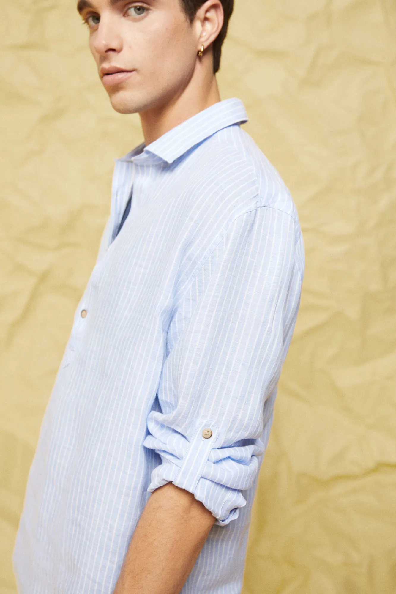 * Camisa Lino Rayas Azul Claro Clearance
