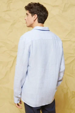 * Camisa Lino Rayas Azul Claro Clearance