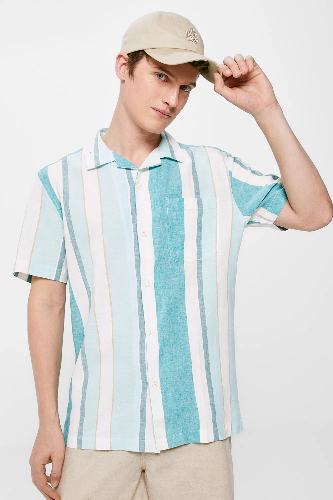 * Camisa Lino Rayas Turquesa New