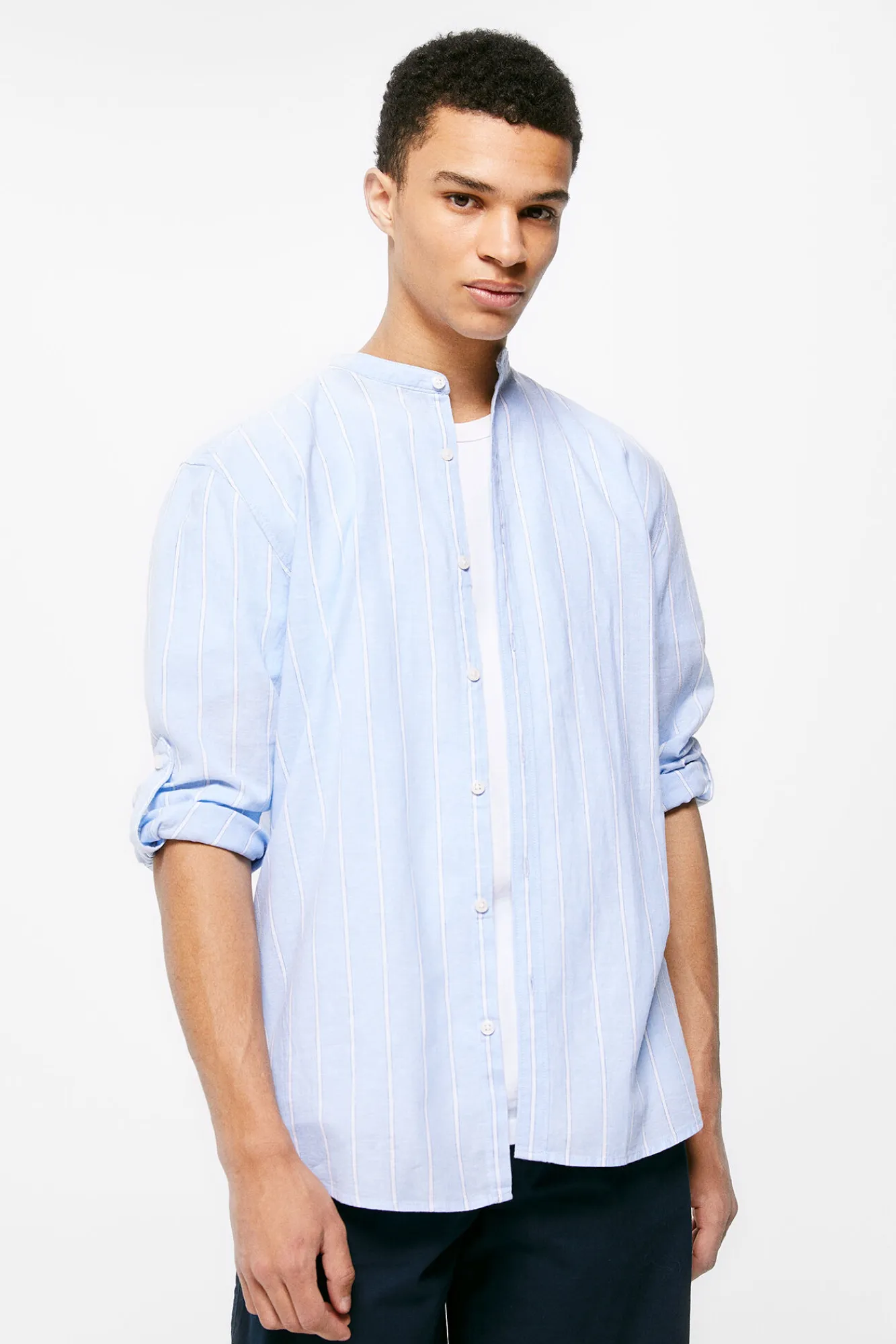 * Camisa Lino Rayas Azul Claro Hot