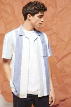 * Camisa Lino Rayas Azul Medio Hot