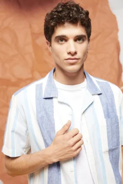 * Camisa Lino Rayas Azul Medio Hot