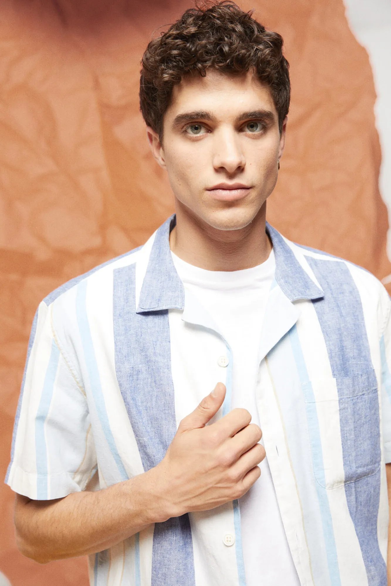 * Camisa Lino Rayas Azul Medio Hot