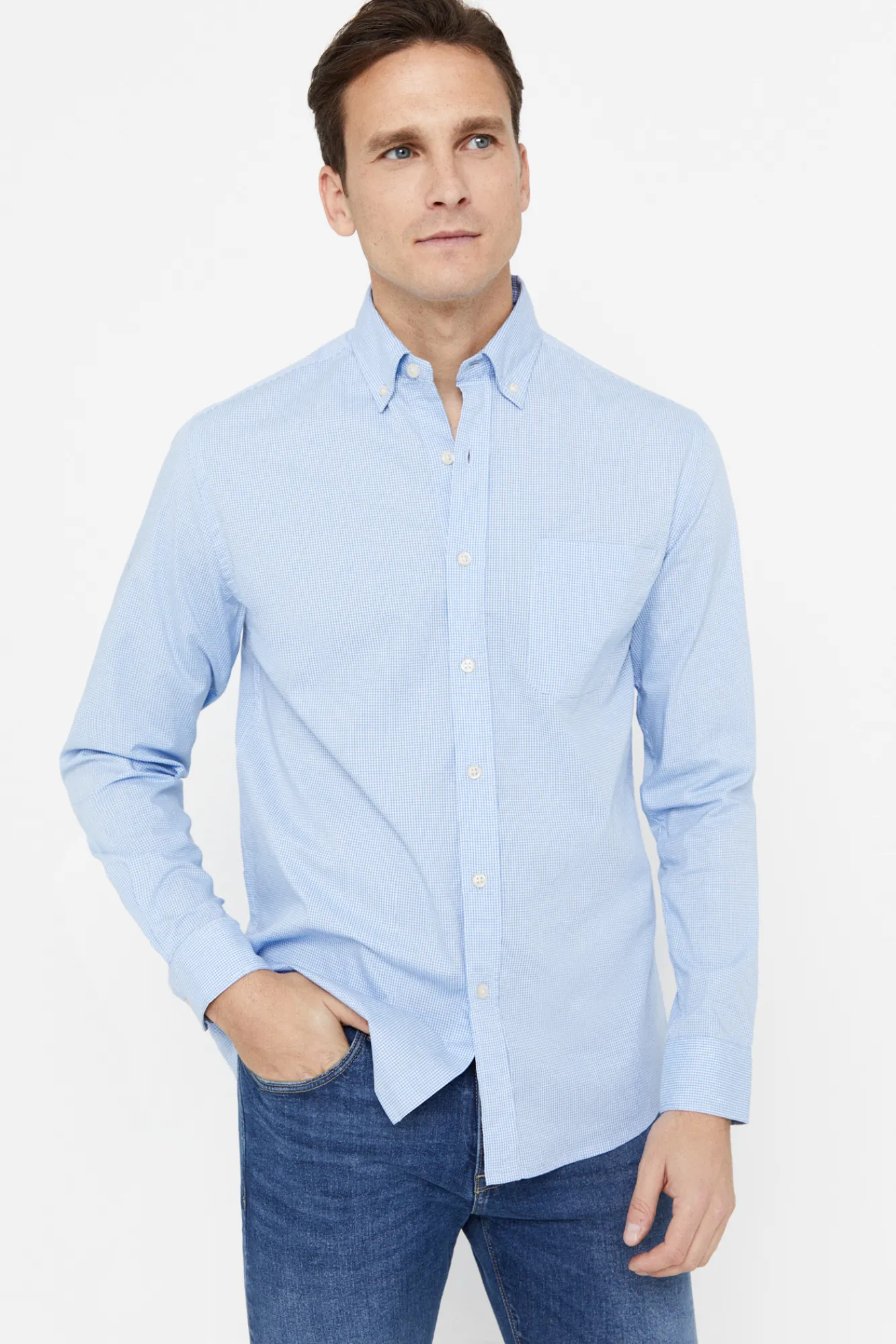 Cortefiel Camisa Microvichy Facil Plancha Azul