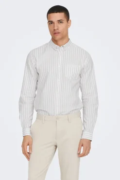 Only & Sons Camisa Oxford Rayas Marron Medio