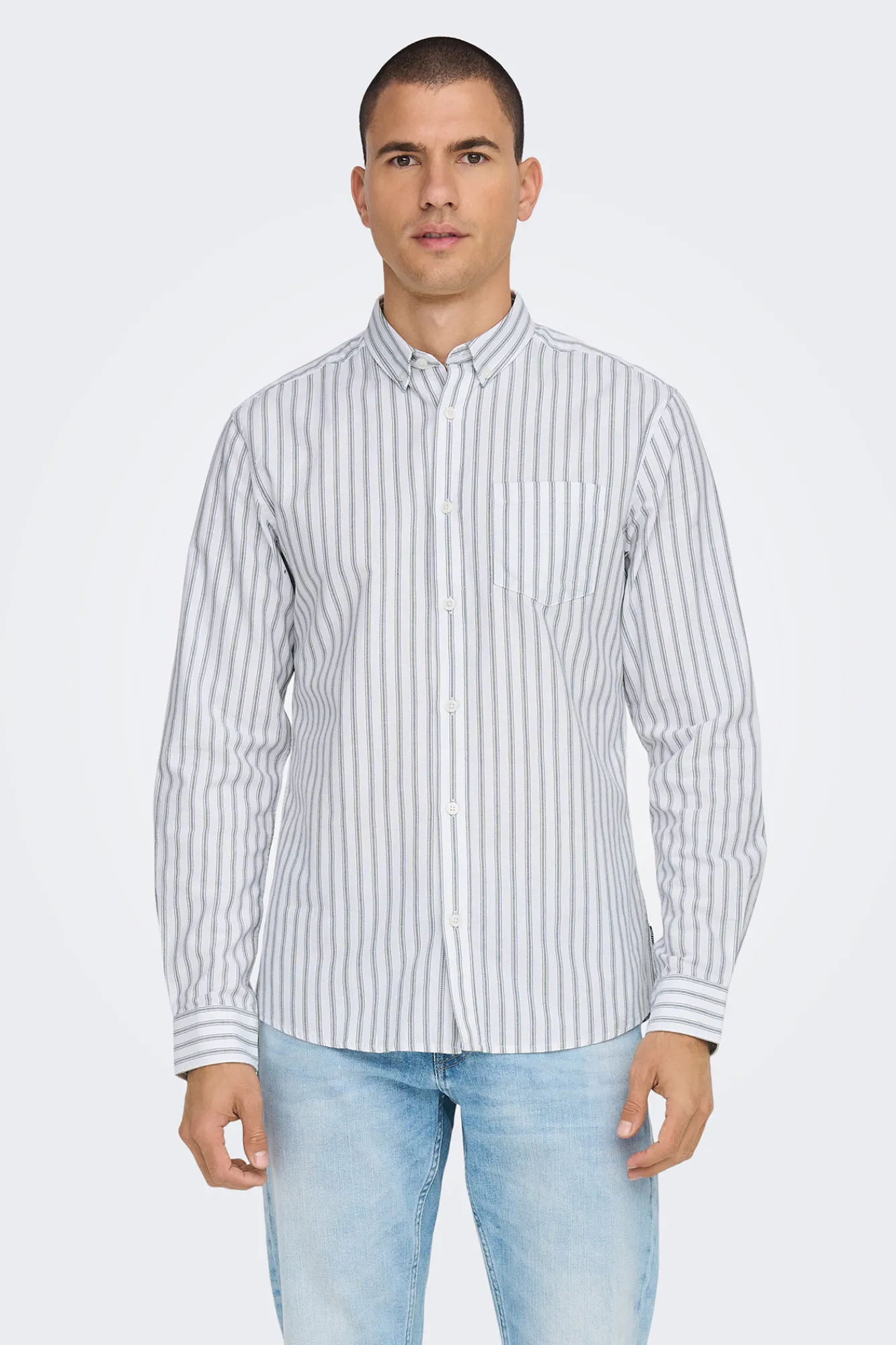 Only & Sons Camisa Oxford Rayas Verde Discount
