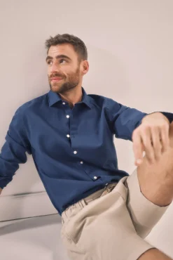 Ooto Camisa Slim Lino Manga Larga  Azul Oscuro Sale