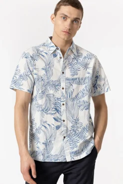 Tiffosi Camisa Slub Regular Fit Estampado Hojas Azul Medio Online