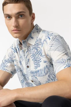 Tiffosi Camisa Slub Regular Fit Estampado Hojas Azul Medio Online