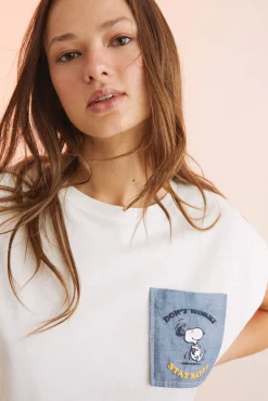 Women'secret Camiseta Algodon Manga Corta Snoopy Marfil Beige Discount