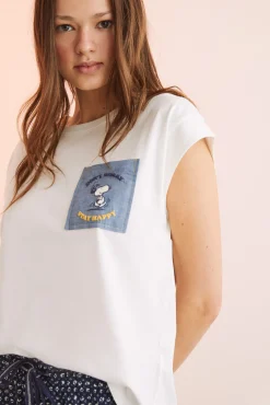 Women'secret Camiseta Algodon Manga Corta Snoopy Marfil Beige Discount