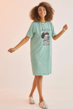 Women'secret Camison 100% Algodon Mafalda Rayas Verde Estampado Hot