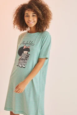 Women'secret Camison 100% Algodon Mafalda Rayas Verde Estampado Hot