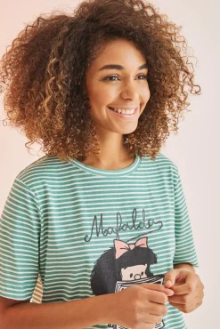 Women'secret Camison 100% Algodon Mafalda Rayas Verde Estampado Hot