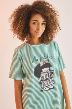 Women'secret Camison 100% Algodon Mafalda Rayas Verde Estampado Hot