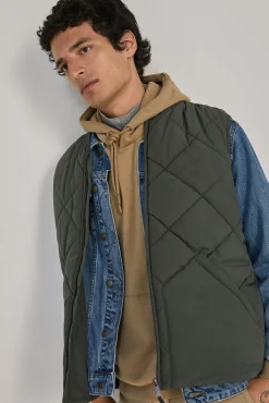 * Chaleco Acolchado Cuello Bomber Kaki Oscuro