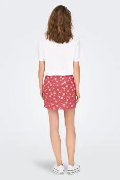 Only Falda Corta Fruncida Estampada Rojo Online