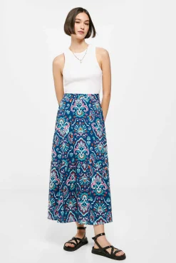 * Falda Larga Volante Estampada Lino Algodon Azul Medio Outlet
