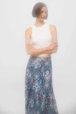 * Falda Larga Volante Estampada Lino Algodon Azul Medio Outlet