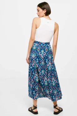 * Falda Larga Volante Estampada Lino Algodon Azul Medio Outlet