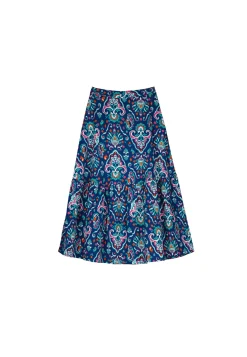 * Falda Larga Volante Estampada Lino Algodon Azul Medio Outlet